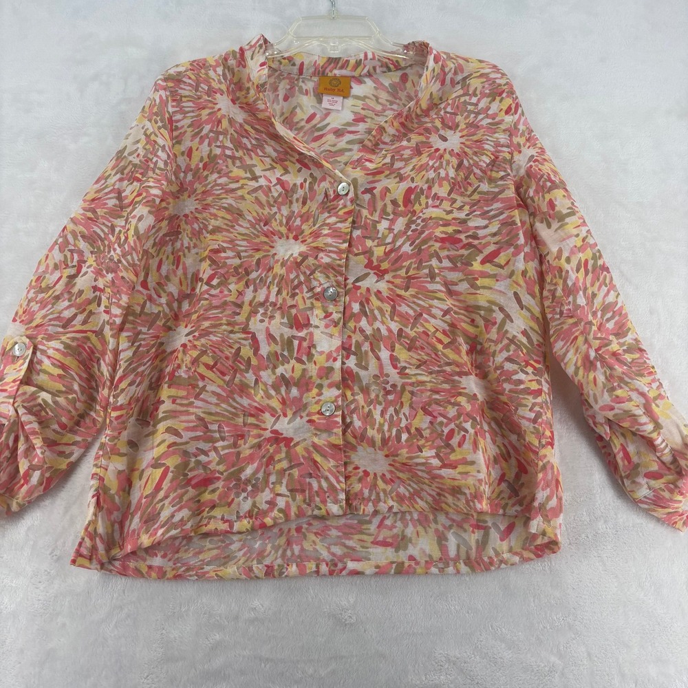 Ruby Rd. Button Front Womens 12 Blouse Multicolor Abstract Roll Tab Sleeve